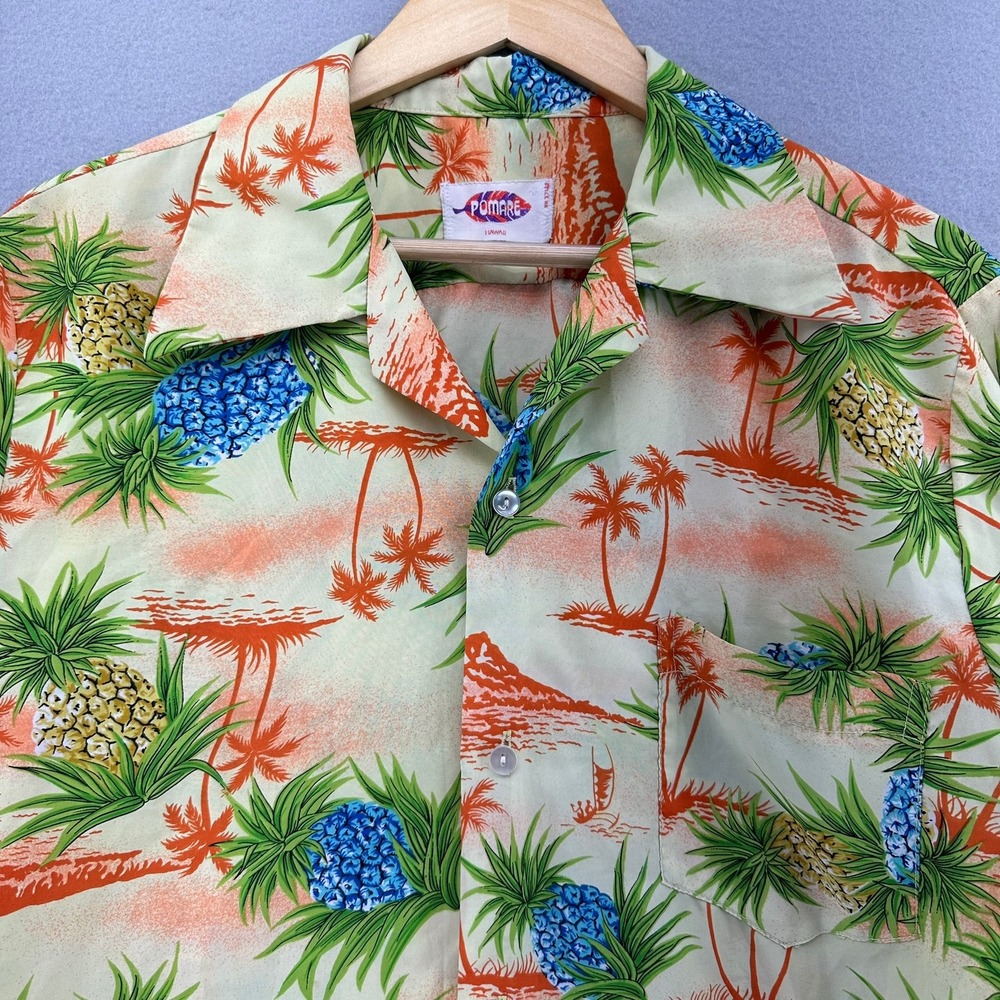 VTG Pomare Hawaiian Shirt Pineapple Palm Tree Yellow Button Up SZ M Retro Beach